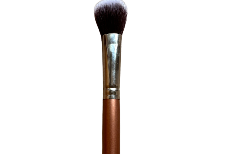 A precision face blender brush with a dome-shaped head, featuring a solid, natural lacquered wood handle and a nickel metal ferrule.