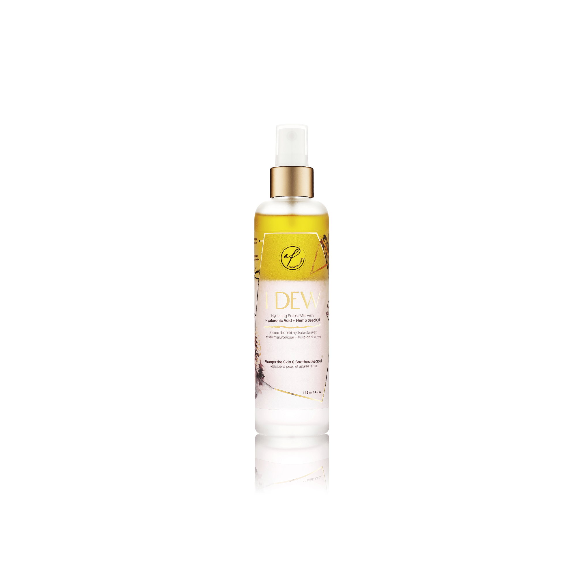 facial mist bottle containing a hyaluronic acid and hemp seed oil-based hydrating facial mist, positioned against a white background.