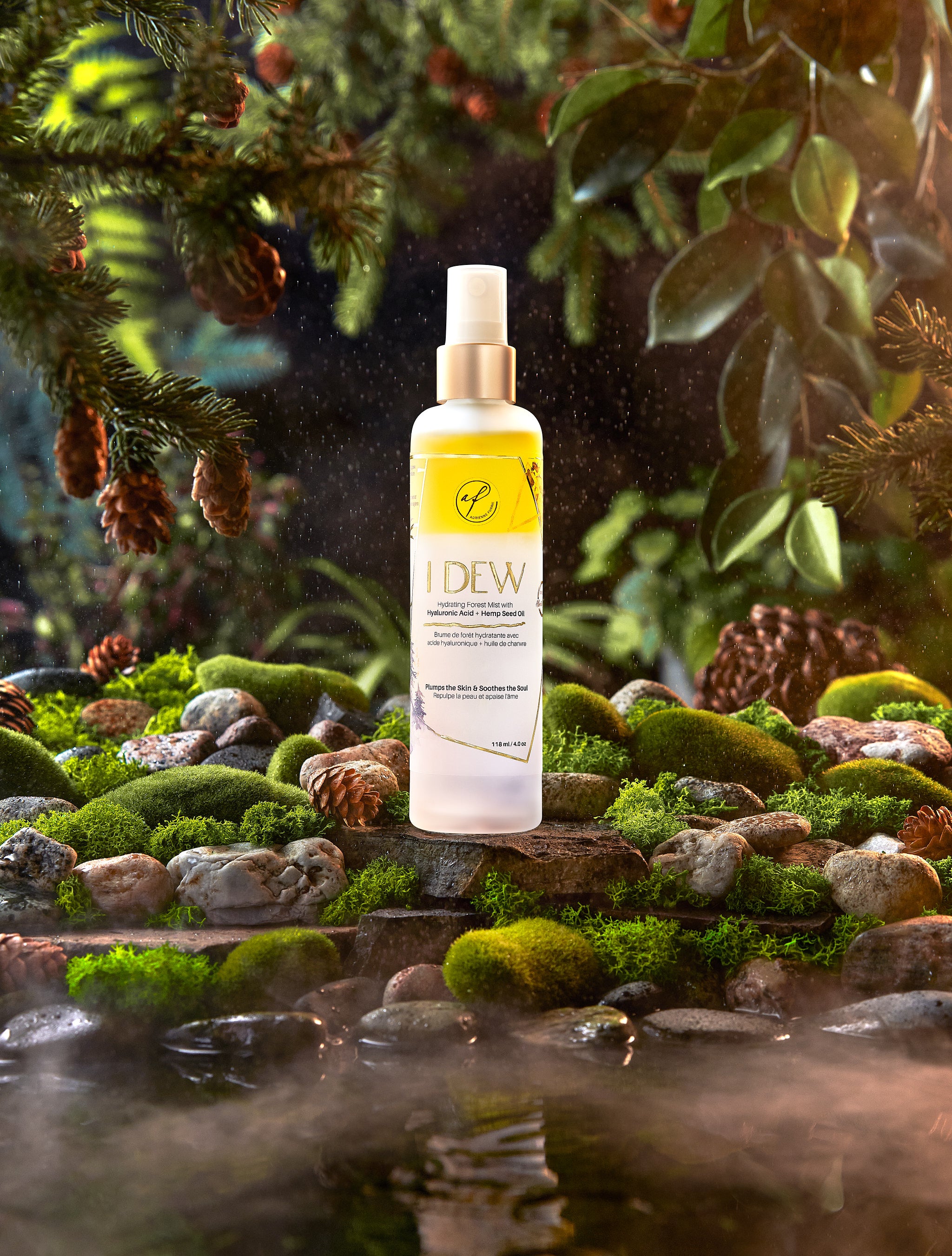 facial mist bottle containing a hyaluronic acid and hemp seed oil-based hydrating facial mist, positioned against a white background.