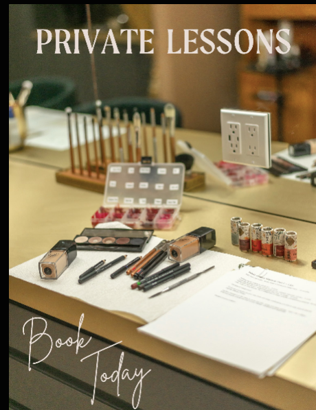 Makeup brushes and products on a table with 'Private Lessons' text overlay.