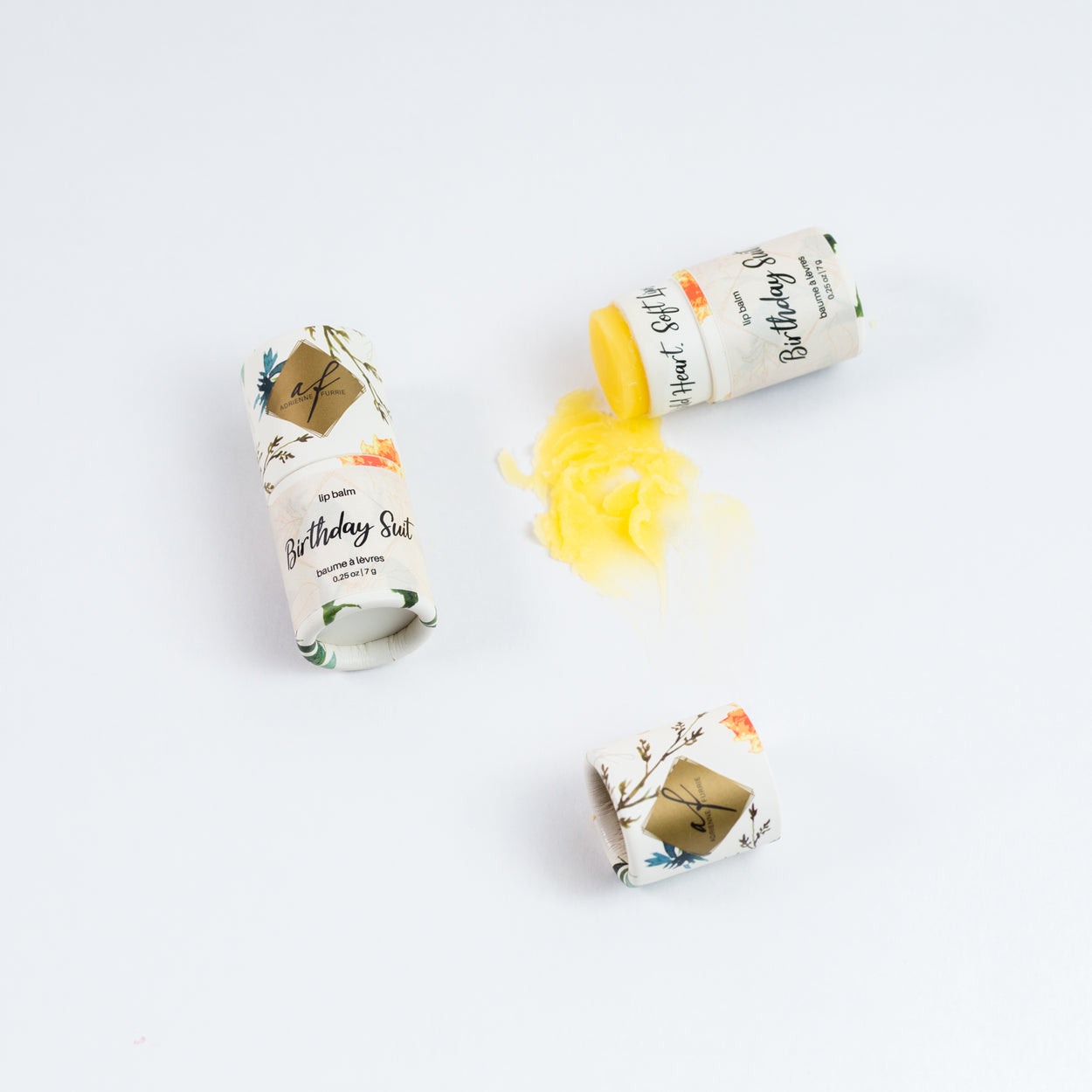 Birthday Suit all natural lip balm with cap off showing its colour
