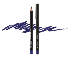 A blue eyeliner pencil alongside its cap, with a swatch of the blue eyeliner shown below.