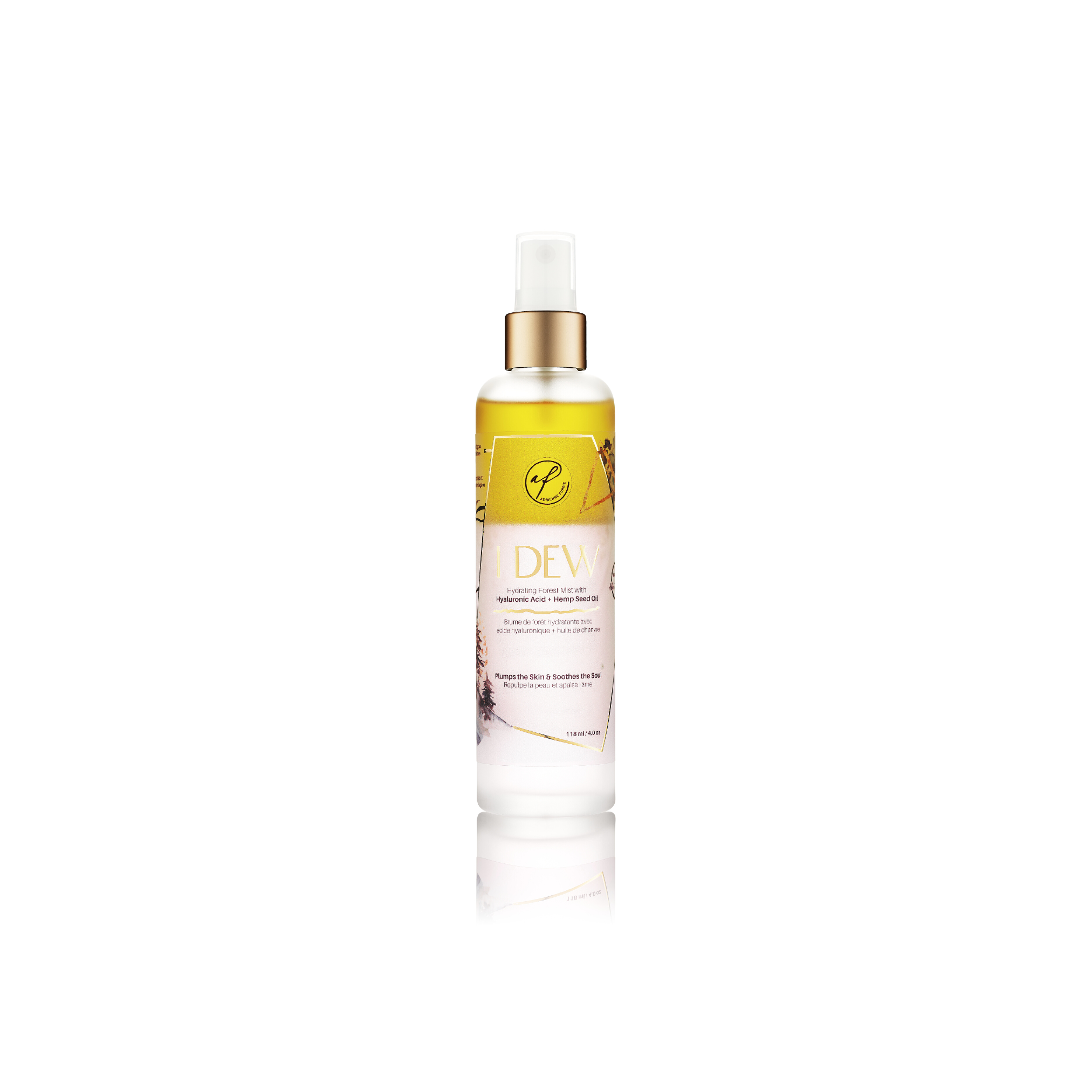 facial mist bottle containing a hyaluronic acid and hemp seed oil-based hydrating facial mist, positioned against a white background.